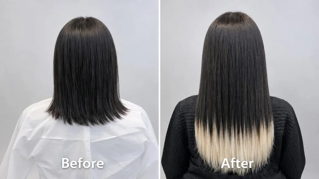 ビフォーアフター。ボブから、毛先に明るさのあるロングヘアへ